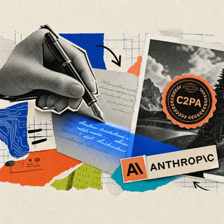 A quill writes text whose ink only becomes visible under a blue light band; next to it a round seal reading C2PA is stuck onto a photo, with an Anthropic logo sticker in the background.