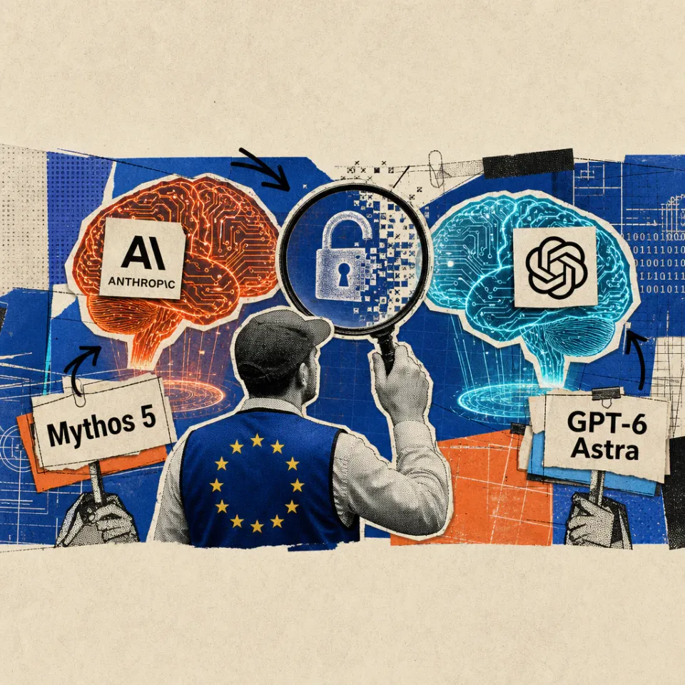 An inspector in a blue vest covered in EU stars holds a magnifying glass over two glowing circuit brains bearing Anthropic and OpenAI logo stickers, labeled “Mythos 5” and “GPT-6 Astra”, with a digital padlock opening between them.
