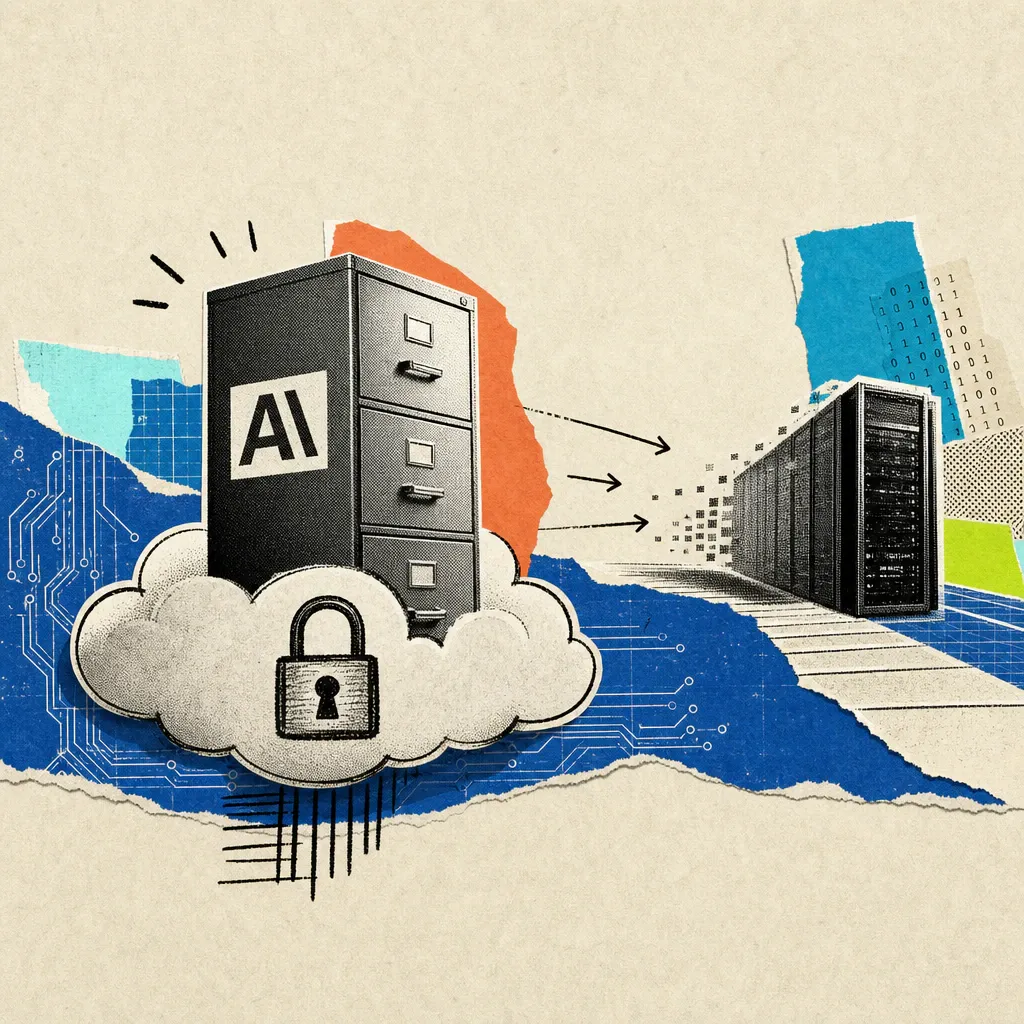 A filing cabinet with the Anthropic logo sits inside a small cloud with a painted padlock, while a large data center tower shrinks away in the background.