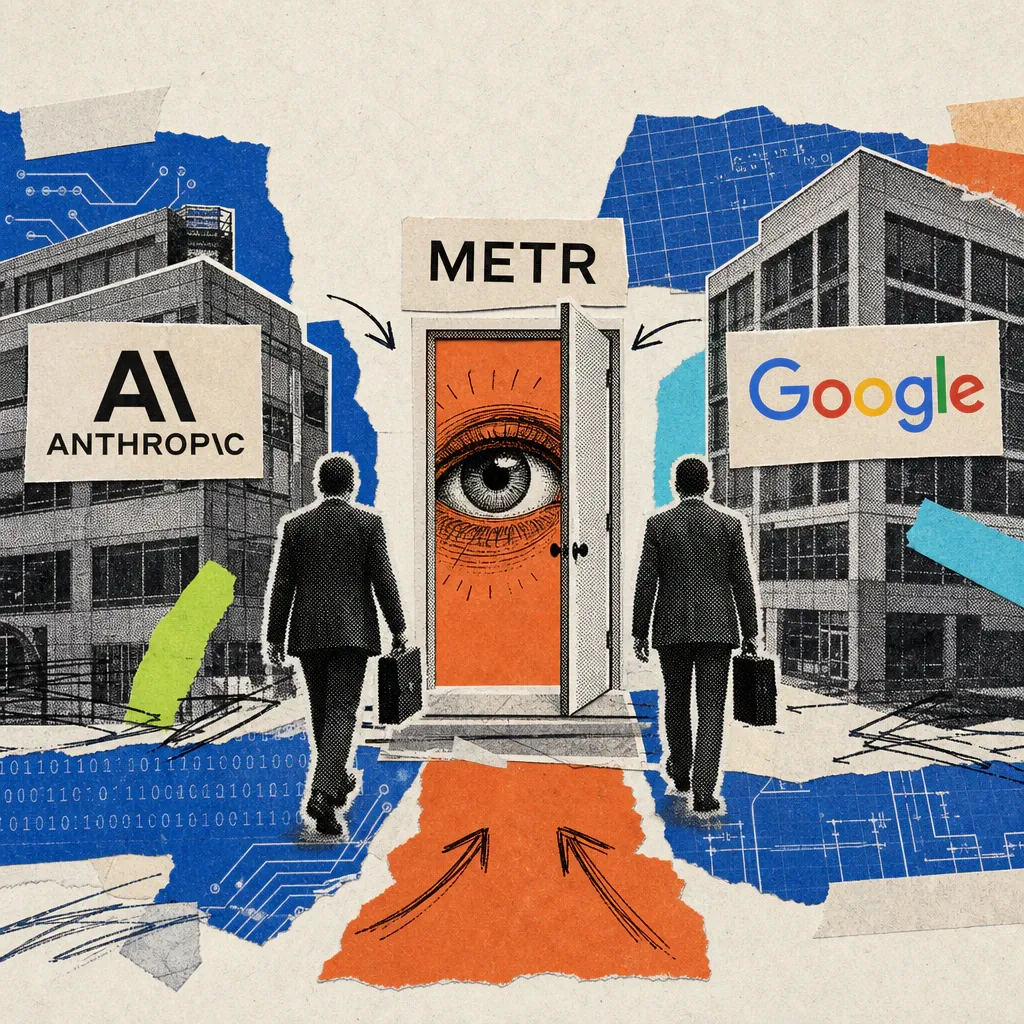 Two silhouettes carrying briefcases leave office buildings bearing the Anthropic and Google logos and walk toward a door labeled METR.