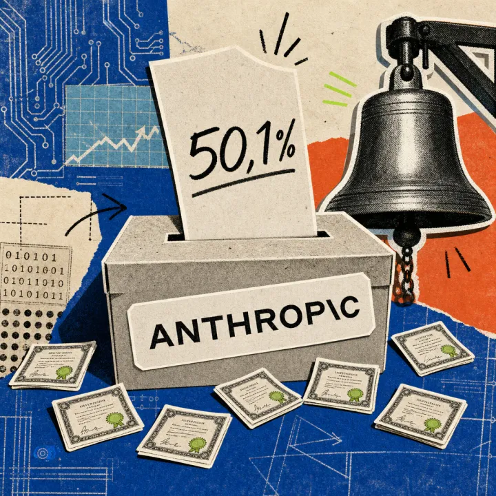 The Anthropic logo is stuck on a ballot box from which an oversized ballot reading 50.1 percent rises, surrounded by seven tiny stock certificates.