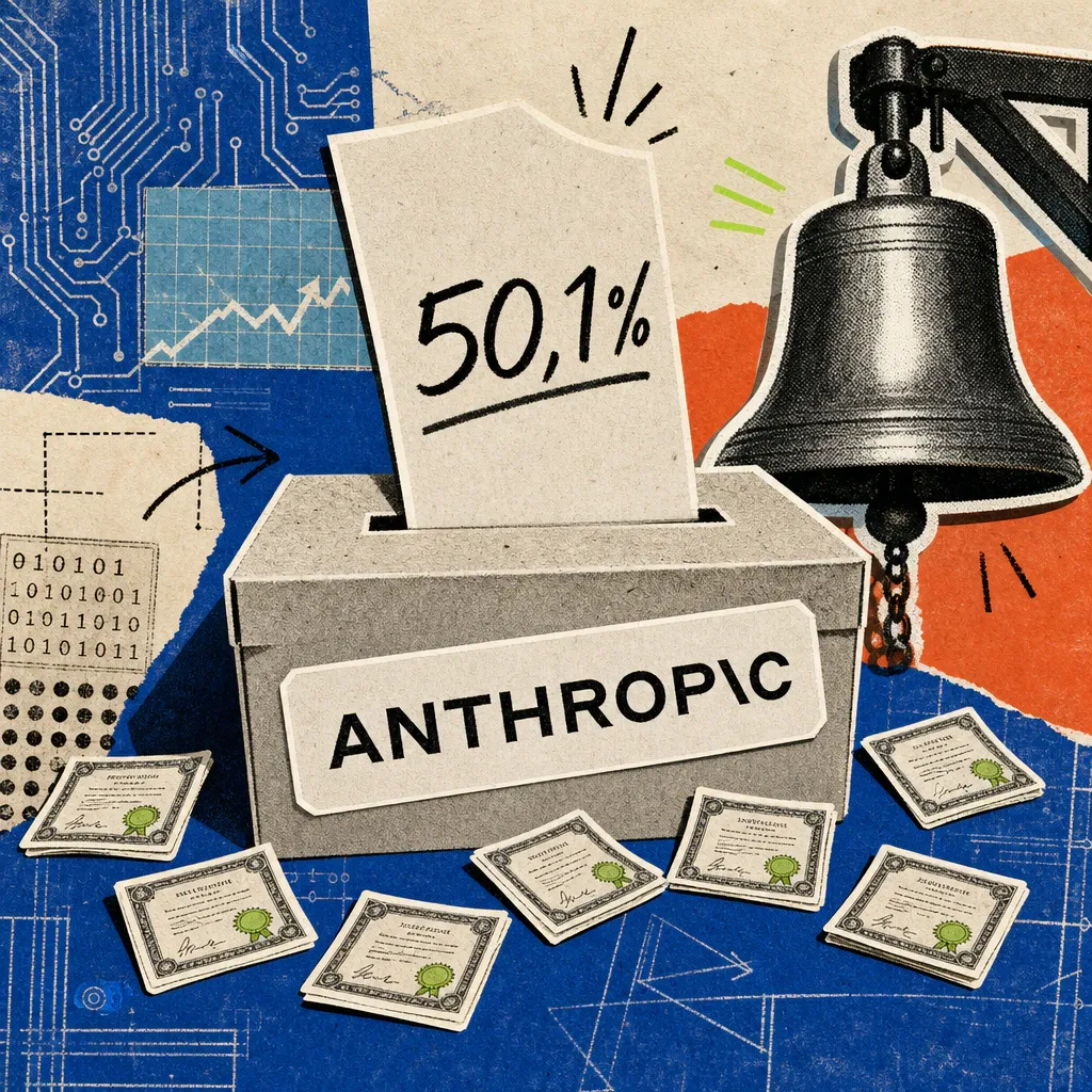 Das Anthropic-Logo klebt auf einer Stimmzettel-Urne, aus der ein überdimensionaler Stimmzettel mit der Zahl 50,1 Prozent ragt, umgeben von sieben winzigen Aktienscheinen.