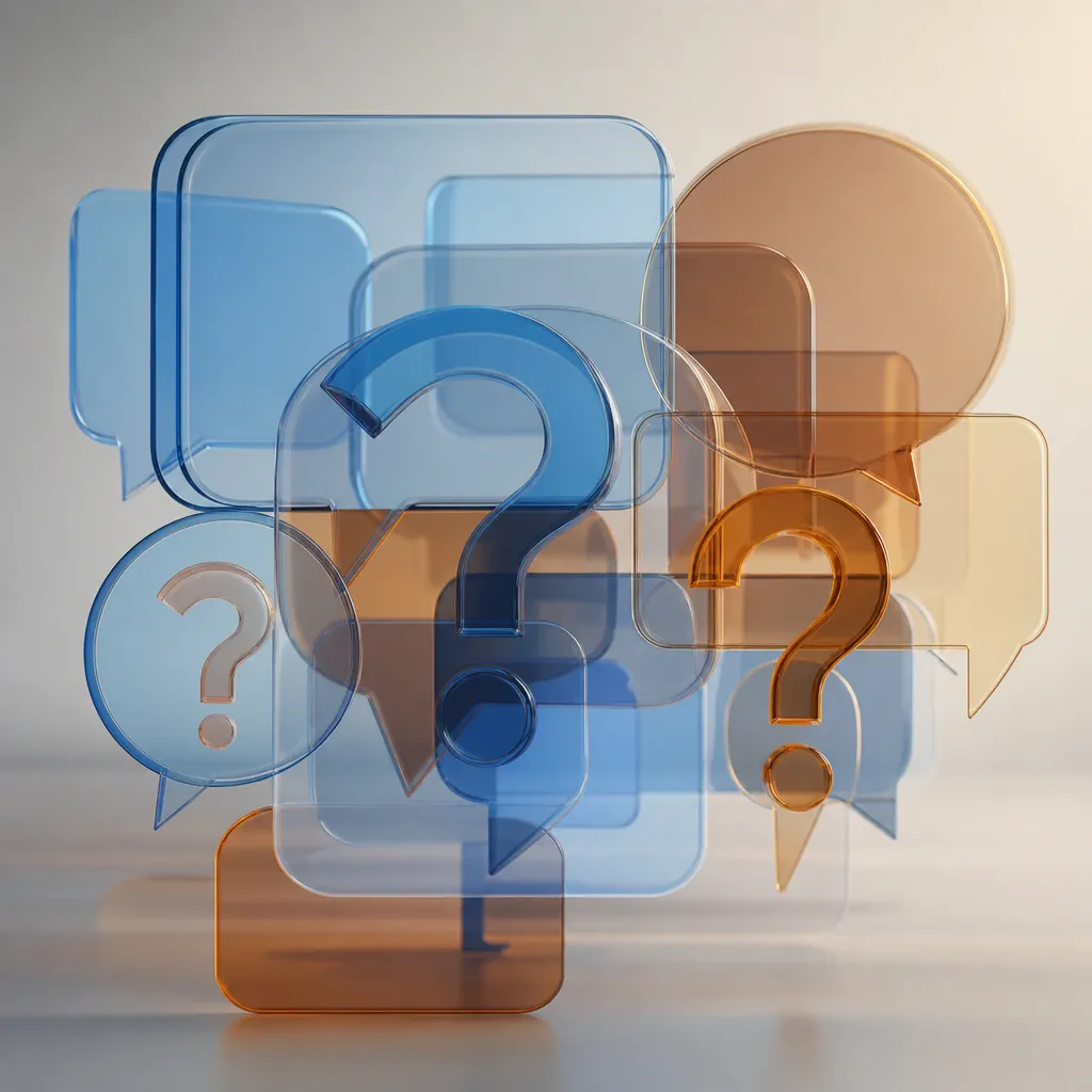 Abstract geometric illustration of overlapping speech bubble and question mark shapes as a symbol for a public debate about artificial intelligence