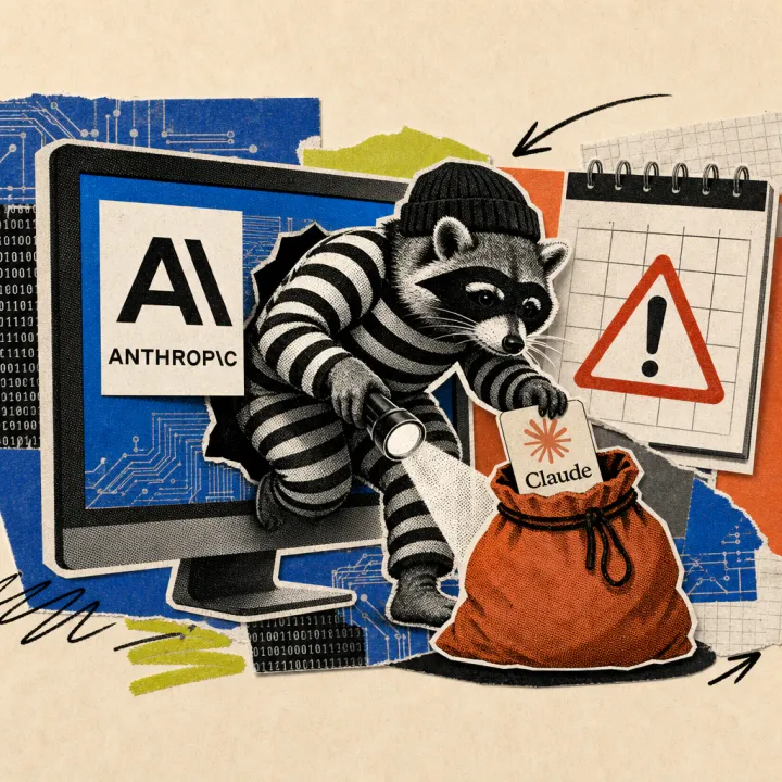 A raccoon-like burglar in a striped robber costume sneaks out of a computer screen showing the Anthropic logo, carrying a flashlight and stuffing a stolen keycard with the Claude logo into a sack, with a red warning triangle on a calendar page in the background.