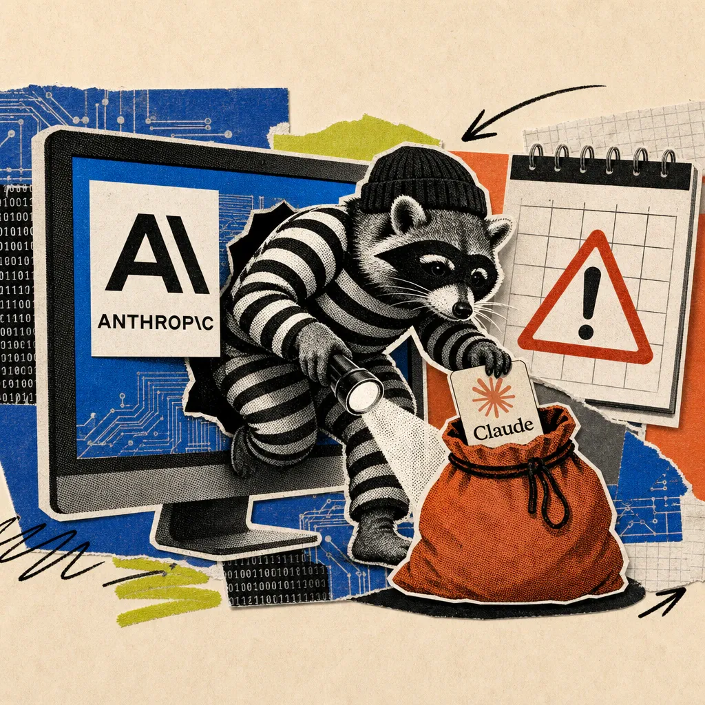 A raccoon-like burglar in a striped robber costume sneaks out of a computer screen showing the Anthropic logo, carrying a flashlight and stuffing a stolen keycard with the Claude logo into a sack, with a red warning triangle on a calendar page in the background.