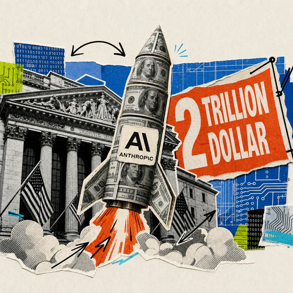 A rocket made of stacked cash launches in front of the New York Stock Exchange facade, an Anthropic logo sticker on its side, a banner reading $2 trillion in the background.