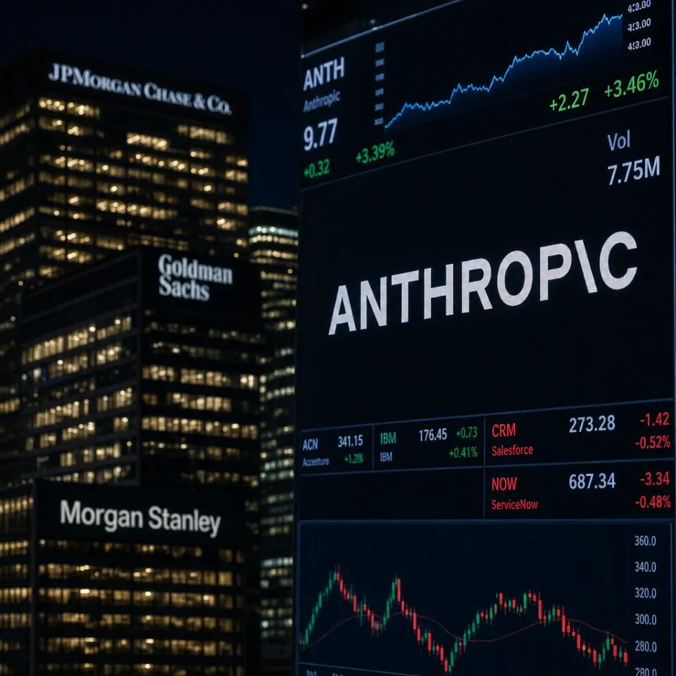 Anthropic-Logo auf einer Anzeigetafel im New Yorker Finanzdistrikt bei Nacht, im Hintergrund die beleuchteten Gebäude der Investmentbanken Morgan Stanley, Goldman Sachs und JPMorgan Chase