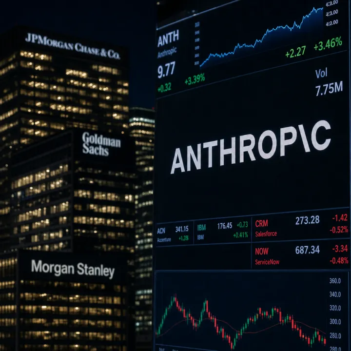 Anthropic logo on a display board in New York's financial district at night, with the illuminated buildings of the investment banks Morgan Stanley, Goldman Sachs, and JPMorgan Chase in the background