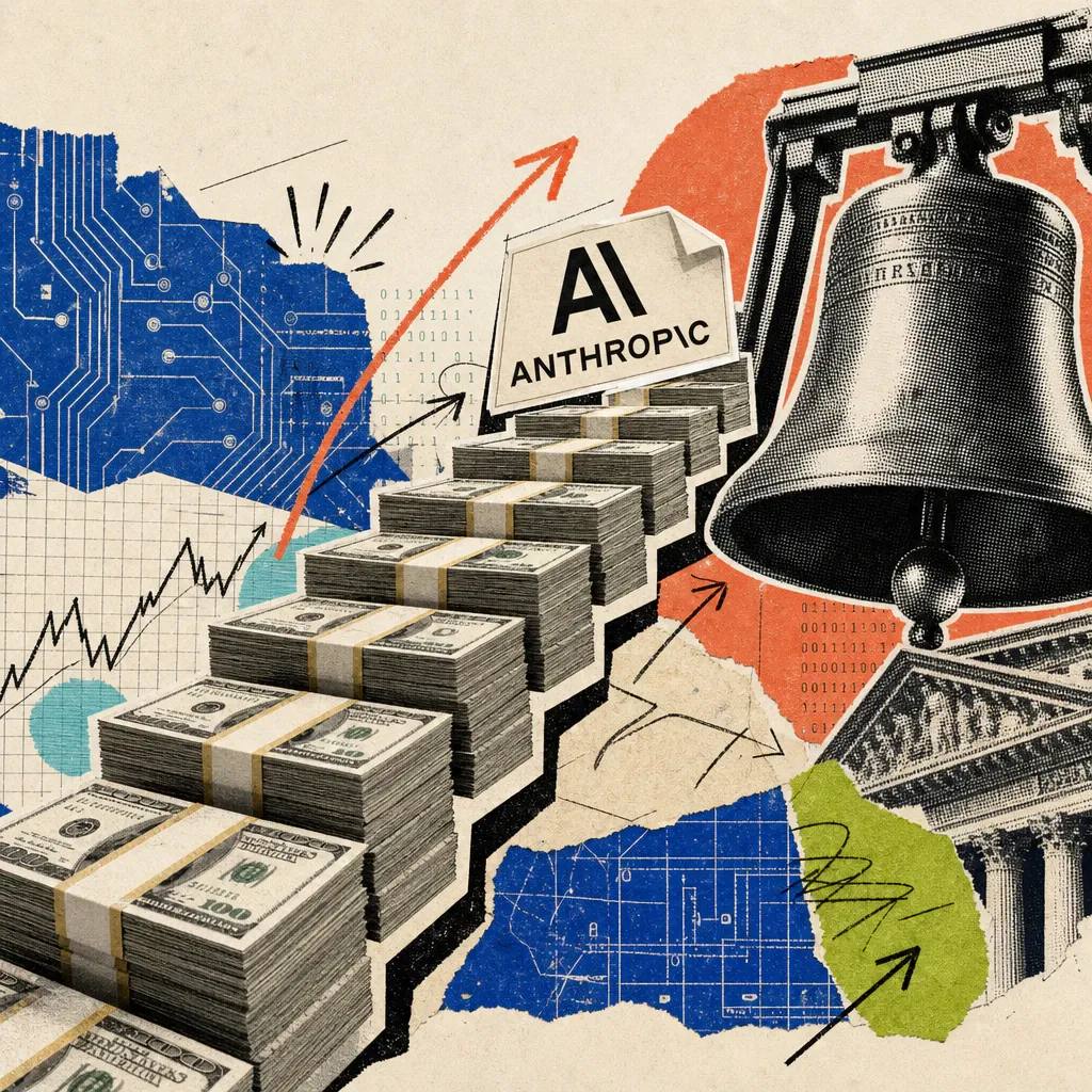 An Anthropic logo sticker sits atop a steep staircase built from stacks of banknotes leading up to a large stock exchange bell.