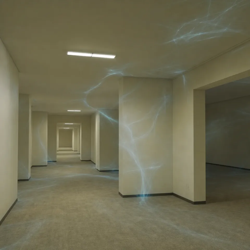 Empty, geometrically structured rooms in Backrooms style with flowing neural patterns representing silent thought processes