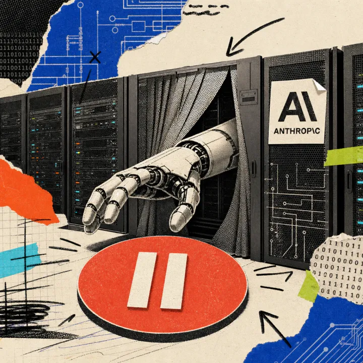 Eine Roboterhand greift durch einen sich schließenden Vorhang aus Servergittern, davor liegt ein großes rotes Pause-Symbol, im Bild ein Anthropic-Logo-Sticker.