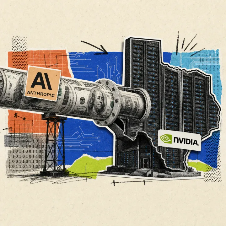 A pipe of dollar bills with an Anthropic logo feeds a server tower shaped like Texas, with an Nvidia logo at its base.