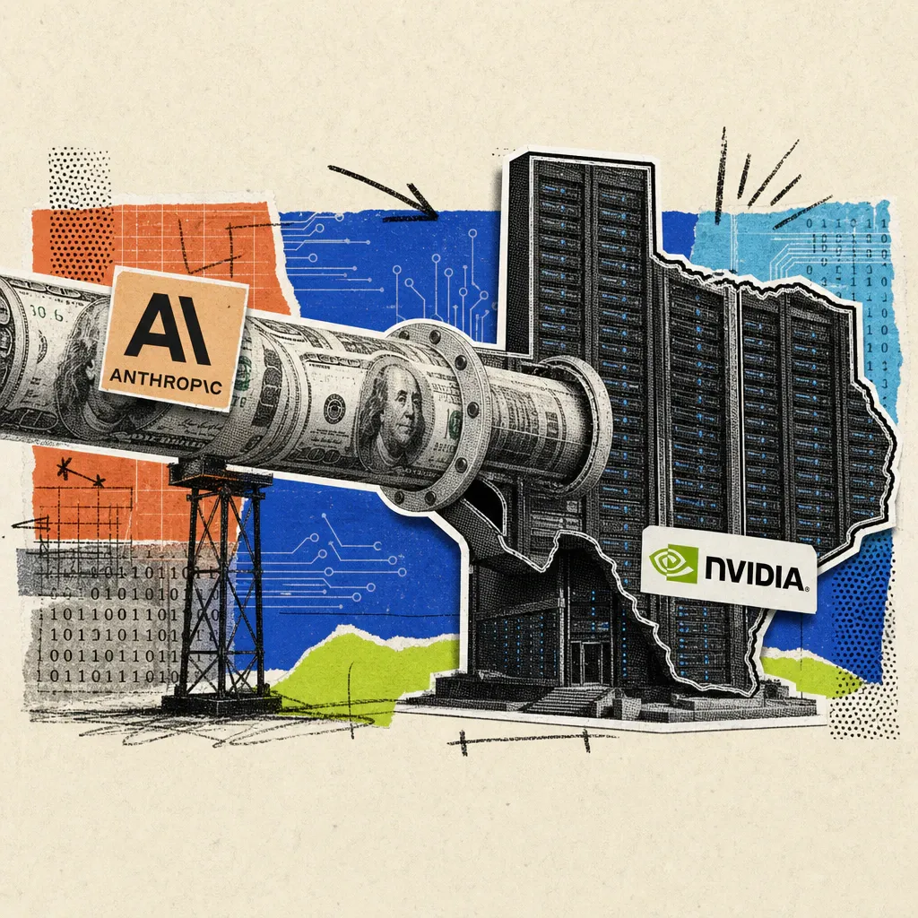 A pipe of dollar bills with an Anthropic logo feeds a server tower shaped like Texas, with an Nvidia logo at its base.