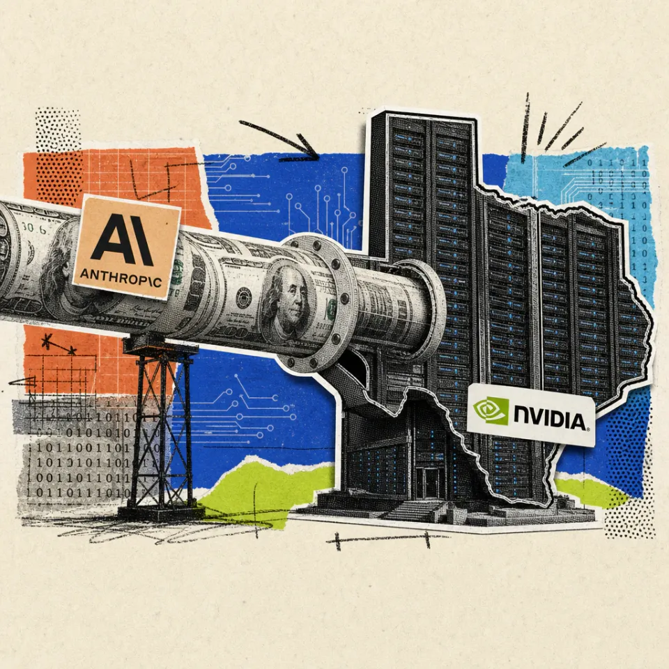 Ein Rohr aus Dollarscheinen mit Anthropic-Logo speist einen Serverturm in Form von Texas, an dessen Fuß ein Nvidia-Logo klebt.