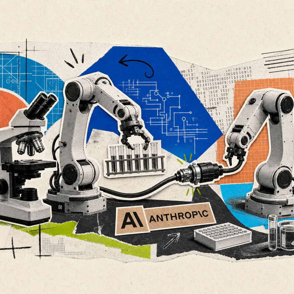 Ein Roboterarm hält eine Reagenzglashalterung vor einem Mikroskop, daneben ein Anthropic-Logo-Sticker auf der Werkbank und ein zweiter, per Kabel verbundener Roboterarm.