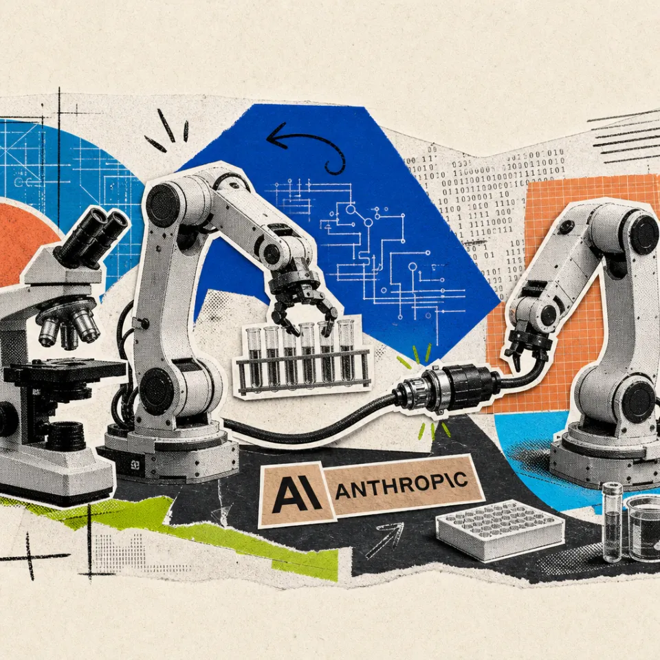 Ein Roboterarm hält eine Reagenzglashalterung vor einem Mikroskop, daneben ein Anthropic-Logo-Sticker auf der Werkbank und ein zweiter, per Kabel verbundener Roboterarm.