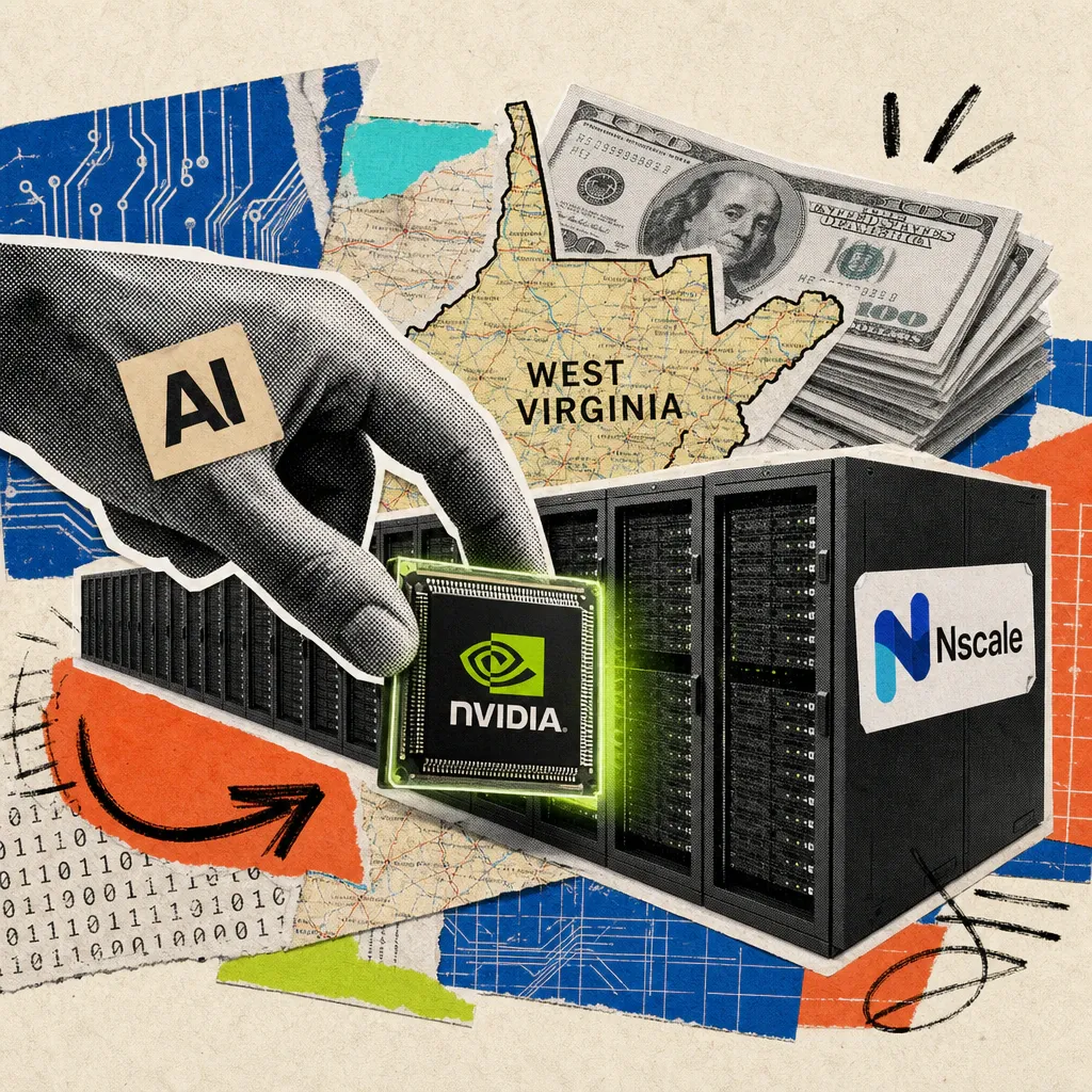 Eine Hand mit Anthropic-Logo steckt einen Nvidia-Chip in eine Serverreihe mit Nscale-Logo, im Hintergrund liegt eine Karte von West Virginia unter einem Banknotenstapel.