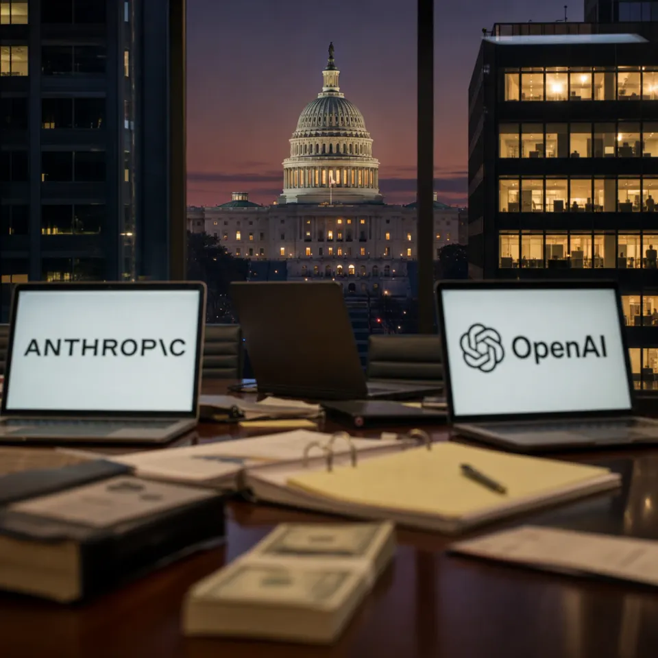 Das US-Kapitol in Washington bei Nacht, im Vordergrund Laptops mit den Logos von Anthropic und OpenAI auf einem Konferenztisch mit Aktenordnern und Dollar-Banknoten