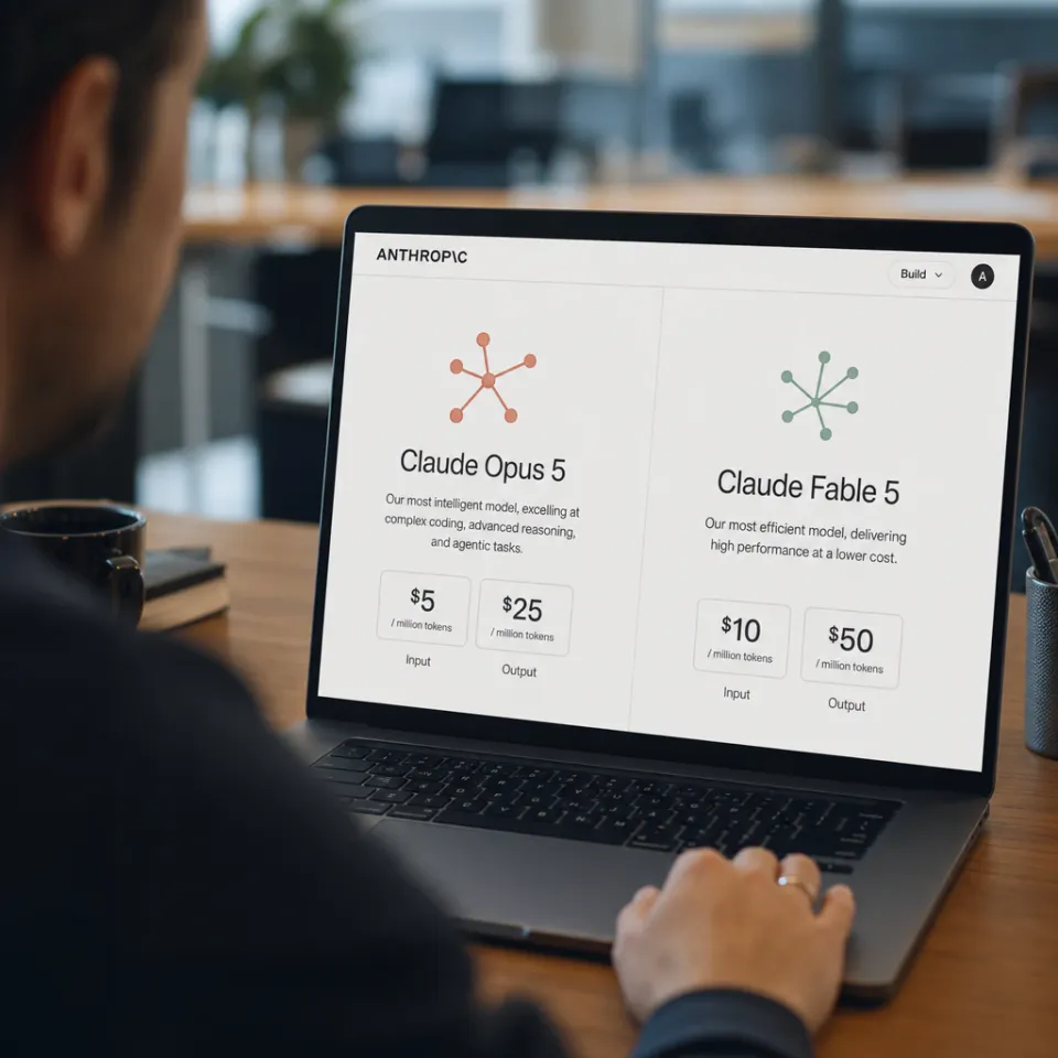Preisvergleich der Anthropic-Modelle Claude Opus 5 und Claude Fable 5 auf einem Laptop-Bildschirm mit der Claude-App und dem Anthropic-Logo