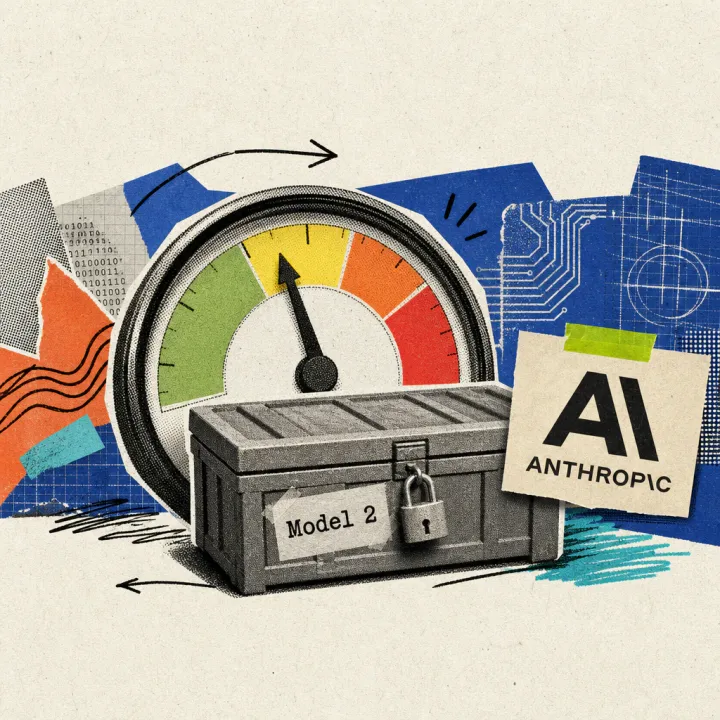 A risk gauge with its needle pointing to “low” next to a sealed crate labeled “Model 2” and an Anthropic logo sticker.