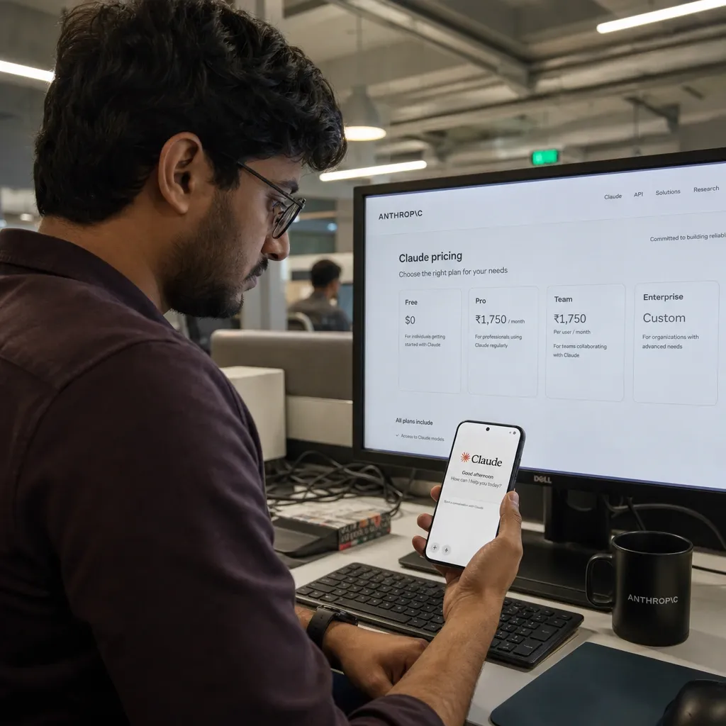 Developer in India holding a smartphone with the Claude app, rupee pricing shown on a monitor beside him.