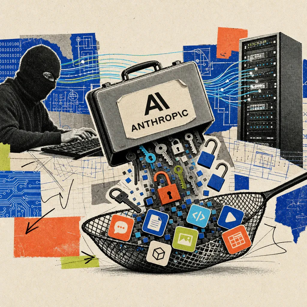 An Anthropic logo sticker is affixed to a briefcase, spilling digital keys and open padlocks into a net of small app icons, while a masked figure types at a keyboard in the background.