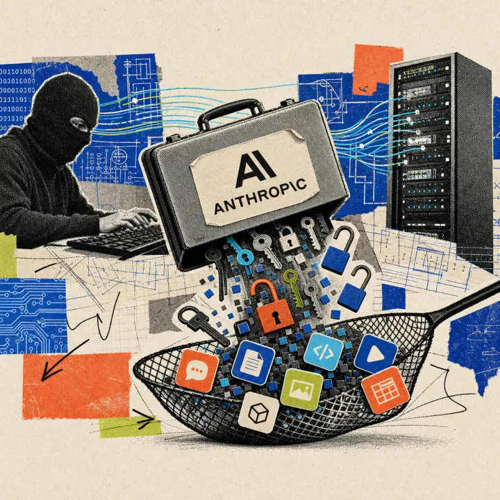 Ein Anthropic-Logo-Sticker klebt auf einem Aktenkoffer, aus dem digitale Schlüssel und offene Vorhängeschlösser in ein Netz aus kleinen App-Symbolen fallen, während im Hintergrund eine maskierte Gestalt an einer Tastatur tippt.