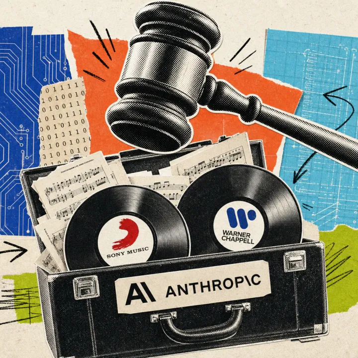 Ein Richterhammer schwebt über einer Aktentasche mit Anthropic-Logo, umgeben von Notenblättern und Schallplatten mit den Logos von Sony Music und Warner Chappell.
