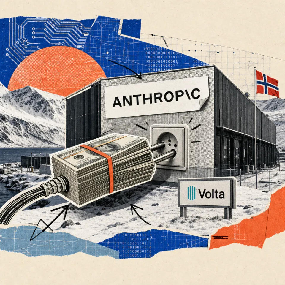 Ein Rechenzentrum mit Anthropic-Logo in verschneiter norwegischer Landschaft, davor steckt ein Stecker aus gebündelten Geldscheinen in der Gebäudewand, daneben ein Schild der Firma Volta.