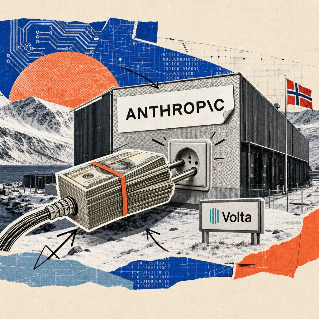 A data center with an Anthropic logo in a snowy Norwegian landscape, with a plug made of bundled banknotes inserted into the building wall, next to a sign for the company Volta.