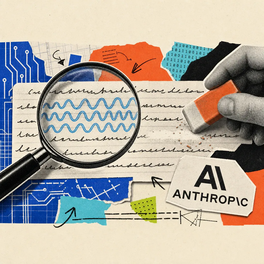 A magnifying glass reveals a hidden wave pattern in handwritten text lines, while an eraser completely removes the pattern in one of the lines; next to it is an Anthropic logo sticker.