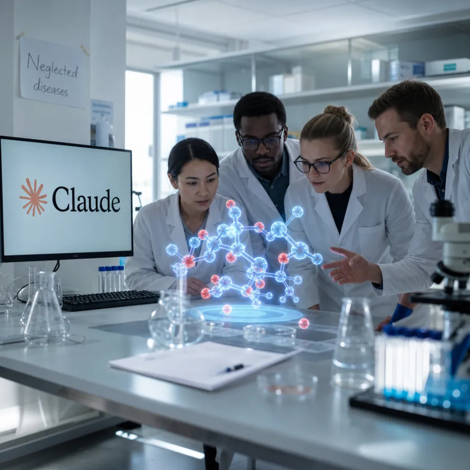Photorealistic depiction: a research team in a bright lab studies a glowing holographic molecule model; on a screen beside them the Claude logo, and a note on the wall reading "Neglected diseases".