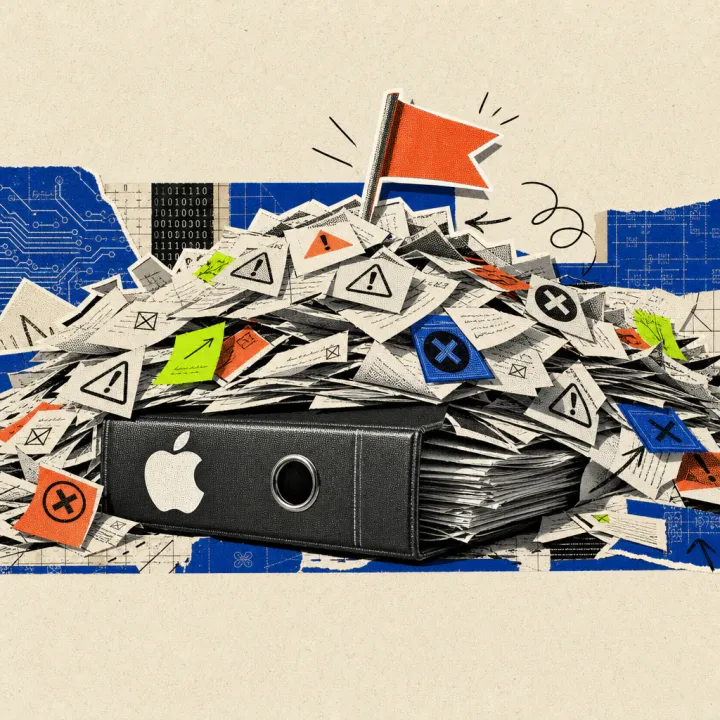 An Apple logo sticker is affixed to a bulging file folder being buried under an avalanche of paper slips covered in warning symbols, while a single red flag pokes out of the pile.