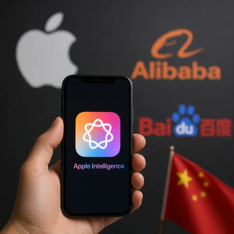 Ein iPhone mit dem Apple-Intelligence-Symbol vor den Firmenlogos von Alibaba und Baidu sowie einer chinesischen Flagge