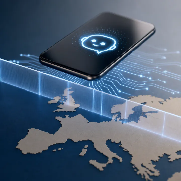 Abstract illustration of a smartphone over a stylized EU map silhouette, separated by a geometric light barrier