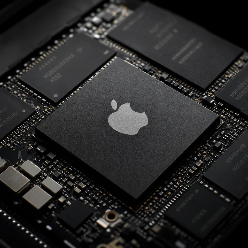 Macro shot of an Apple chip with Apple logo on a motherboard, surrounded by memory modules.
