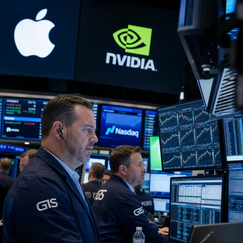 Händler an der Nasdaq verfolgen auf Bildschirmen den Kursverlauf von Apple- und Nvidia-Aktien am Tag ihres Wechsels an der Weltspitze