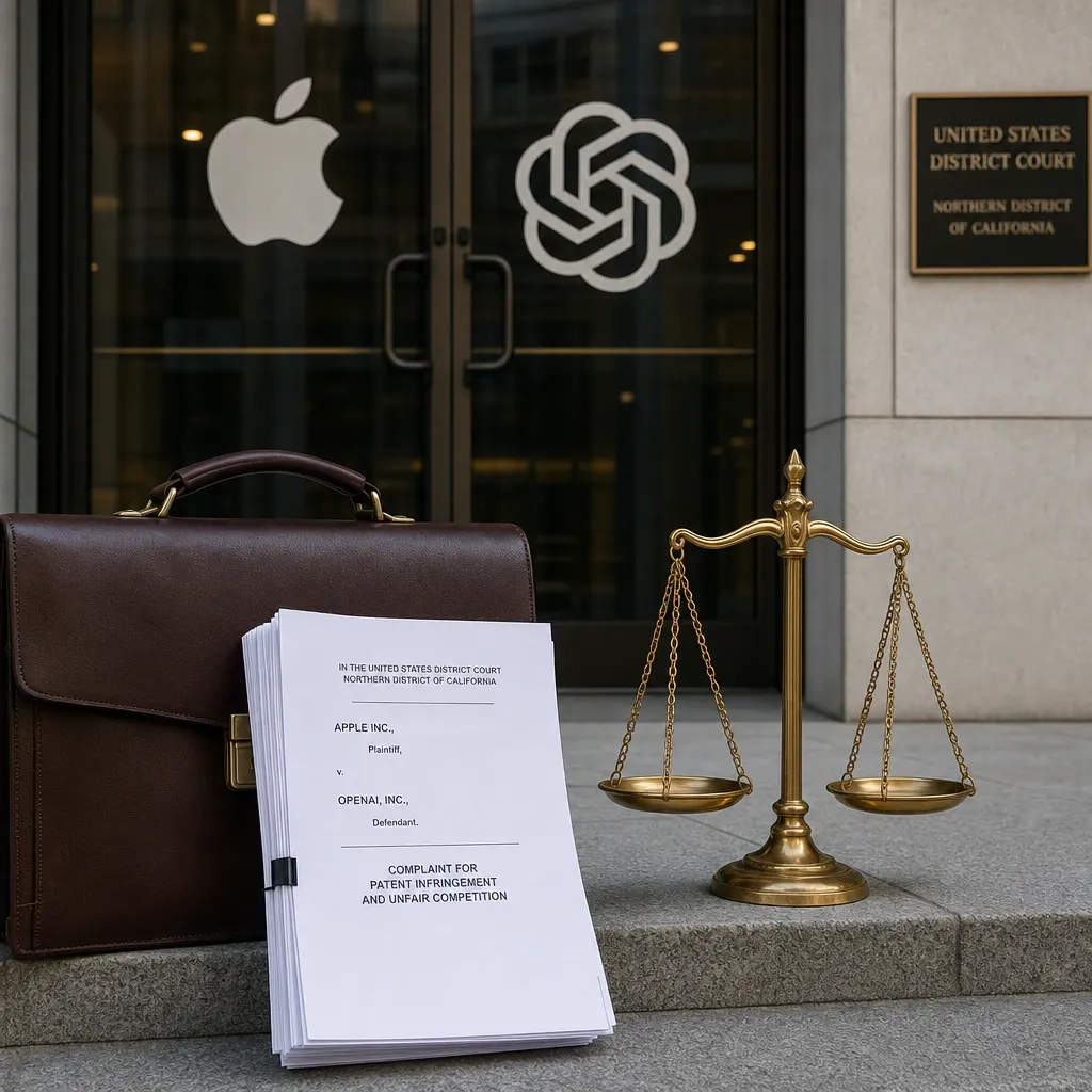 The logos of Apple and OpenAI at a US courthouse in California where Apple has filed a lawsuit for alleged trade secret theft