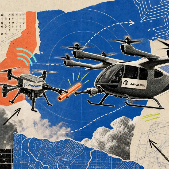 Ein Flugtaxi mit Archer-Logo übernimmt in der Luft einen leuchtenden Staffelstab von einer Drohne mit Boeing-Logo, umgeben von gestrichelten Flugbahnen und Radar-Kreisen.