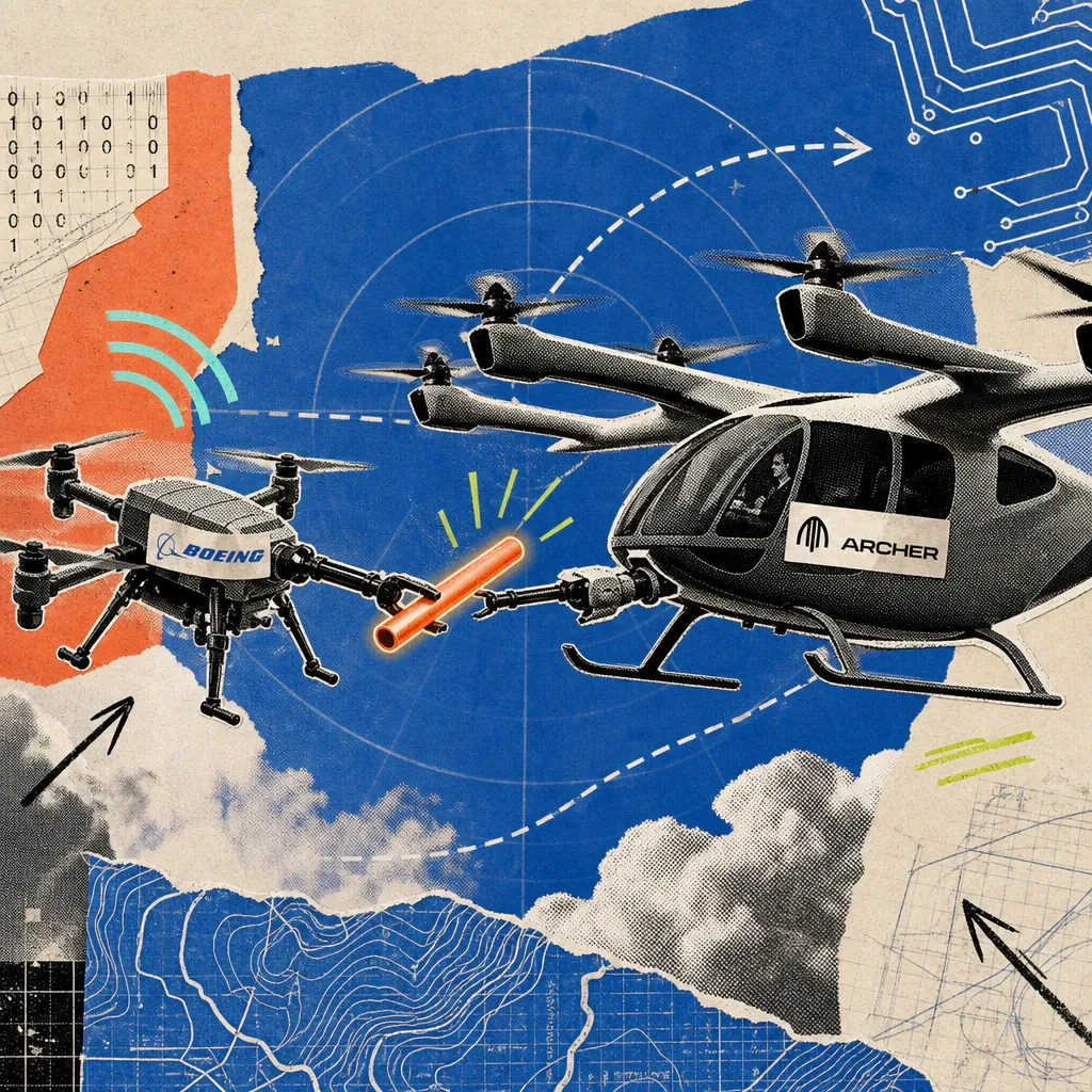 A flying taxi with an Archer logo takes a glowing relay baton in mid-air from a drone with a Boeing logo, surrounded by dashed flight paths and radar circles.