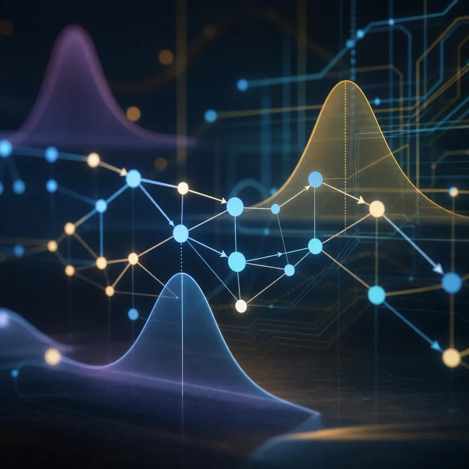 Abstract, geometric motif: a glowing graph of interconnected nodes and arrows, overlaid with translucent probability distributions, symbolically representing probabilistic modeling of software data flows.