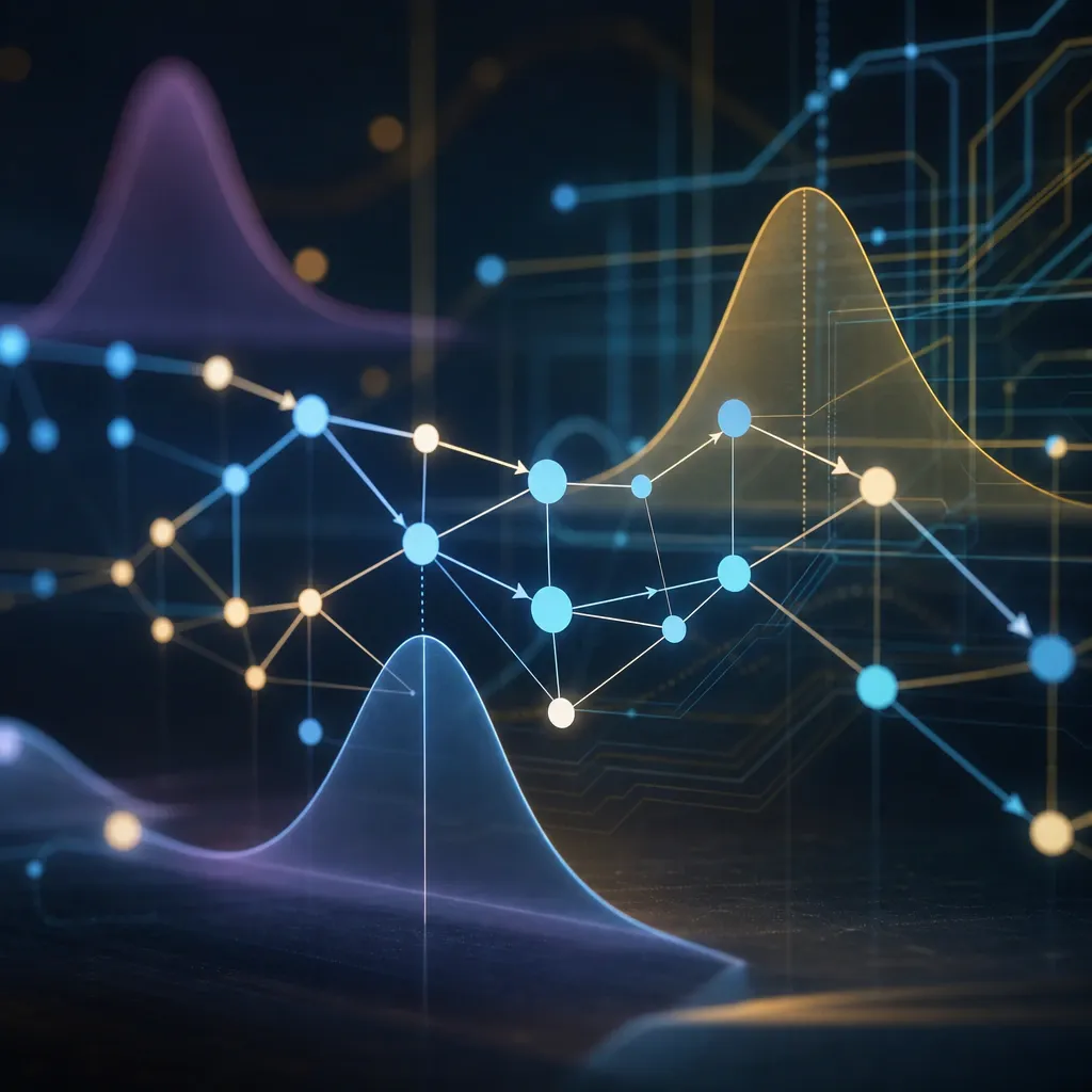 Abstract, geometric motif: a glowing graph of interconnected nodes and arrows, overlaid with translucent probability distributions, symbolically representing probabilistic modeling of software data flows.
