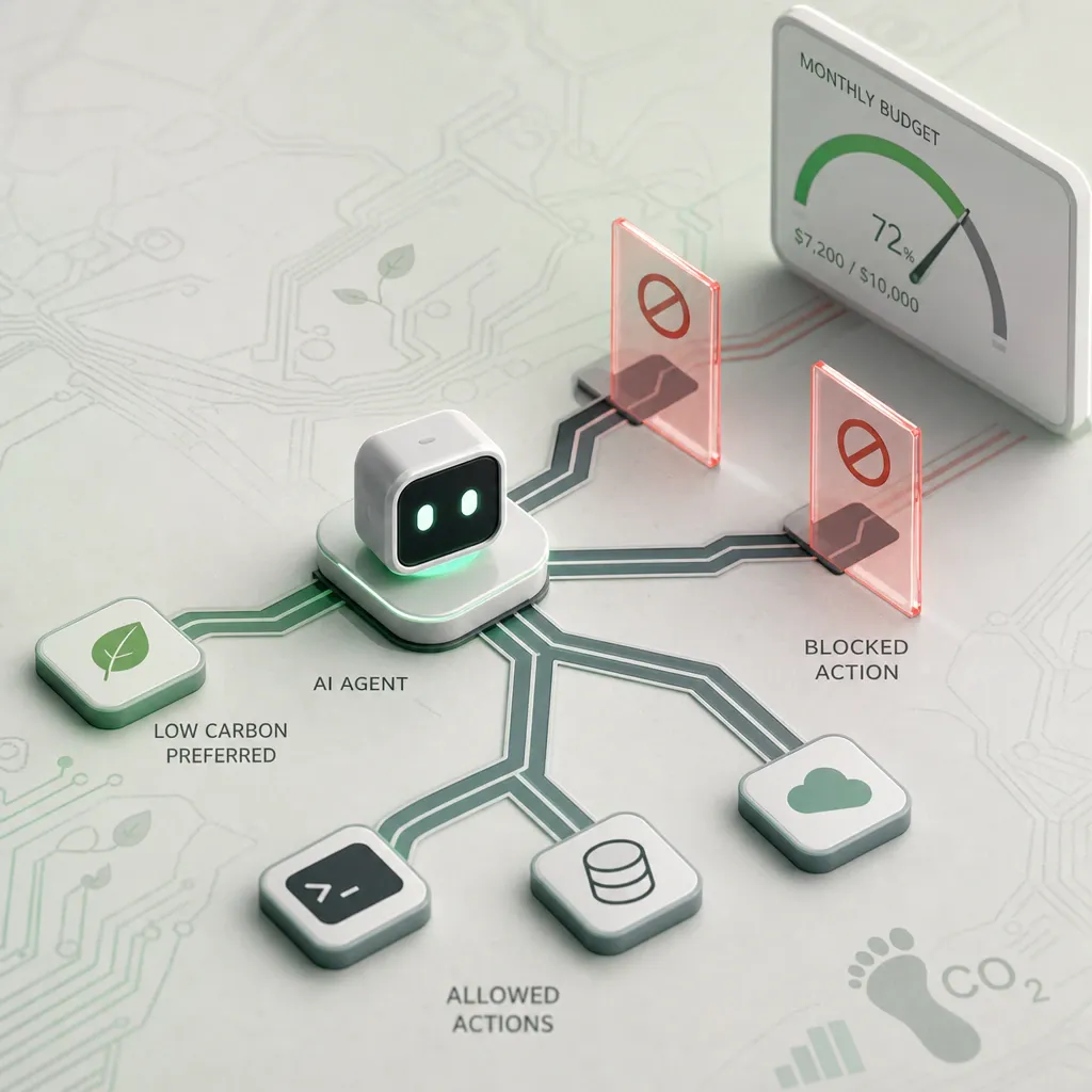 Abstract, geometric motif: a stylized AI agent node with branching action pathways, some blocked by a translucent gate, with faint circuit and leaf motifs and a minimal budget meter in the background.