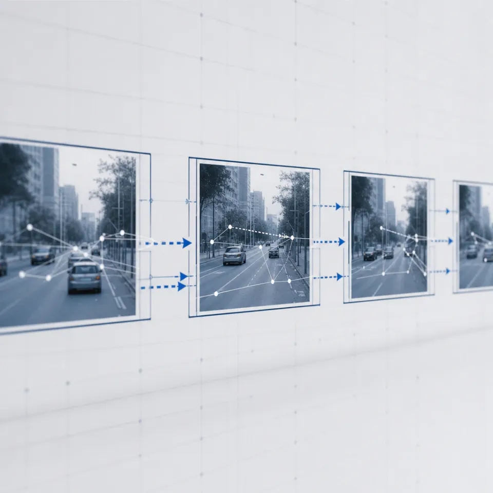 Abstract, geometric motif: a sequence of stylized video frame borders, connected by dynamic arrows and motion vectors symbolizing the flow of time between the images.