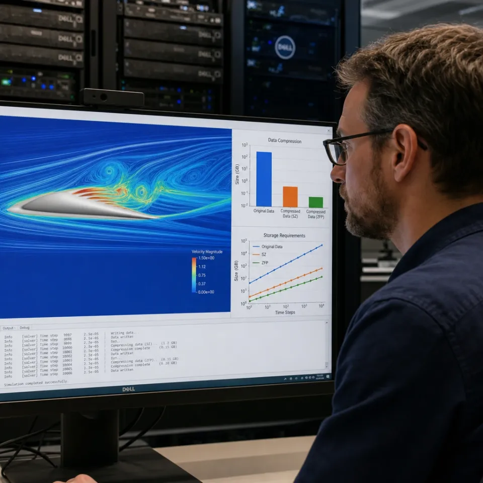 Scientist viewing a fluid simulation and compression charts on a large monitor, server racks in the background.