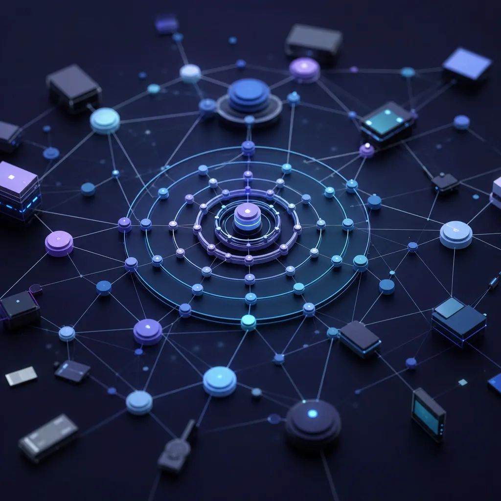 Abstract geometric motif: interconnected nodes of varying sizes around a central nested ring structure, symbolizing federated learning with heterogeneous hardware.