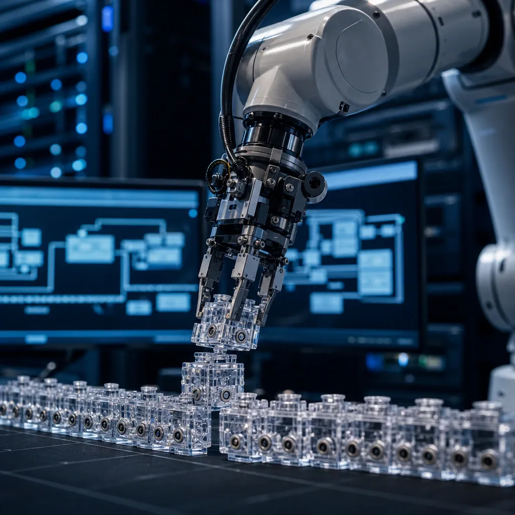 Symbolic representation: a robotic arm assembles a larger, structured chain from small building blocks – a metaphor for AI agents that build reusable workflows from individual actions