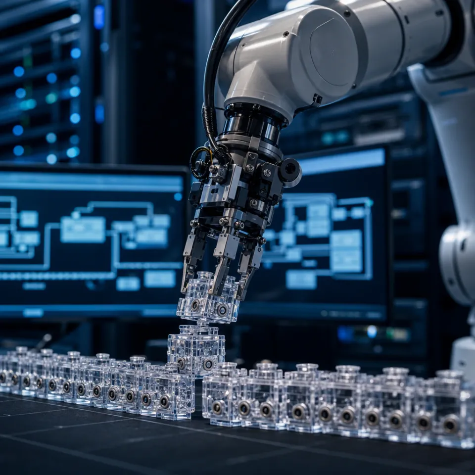 Symbolic representation: a robotic arm assembles a larger, structured chain from small building blocks – a metaphor for AI agents that build reusable workflows from individual actions