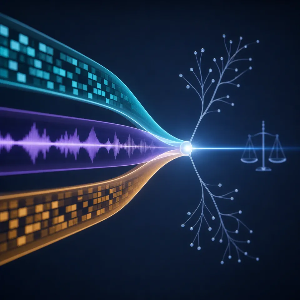 Abstract geometric illustration: three signal streams for text, speech, and video merge into a common decision node