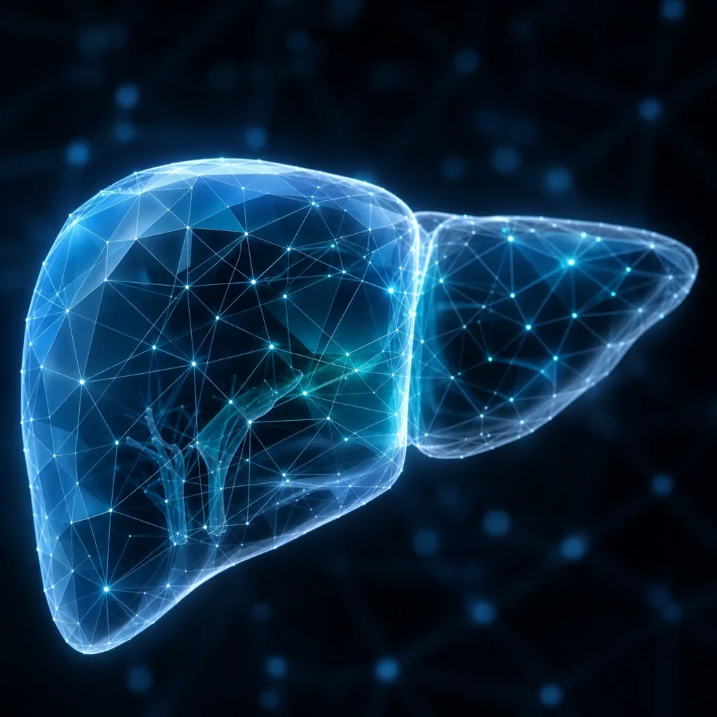 Abstract, editorial illustration of a stylized human liver made of geometric, translucent shapes, interwoven with fine data lines symbolizing an AI network